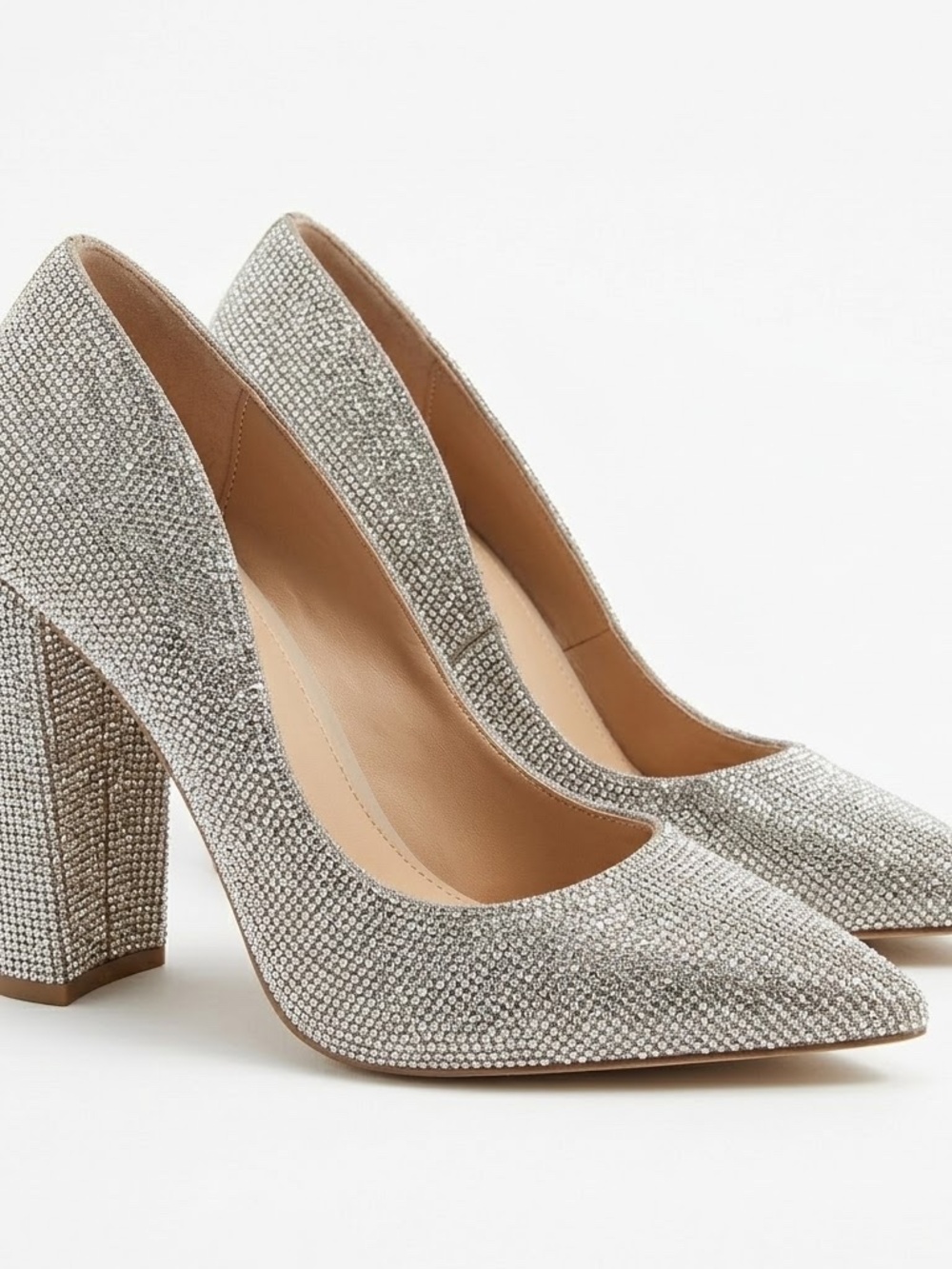 Steve Madden Rhinestone Pointed Toe Pumps Block Heel Silver Size 9